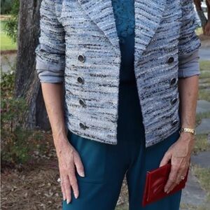 CAbi Radiance Jacket #4676 Fall 2024 Light Blue Wool Metallic Tweed Orig. $255 M